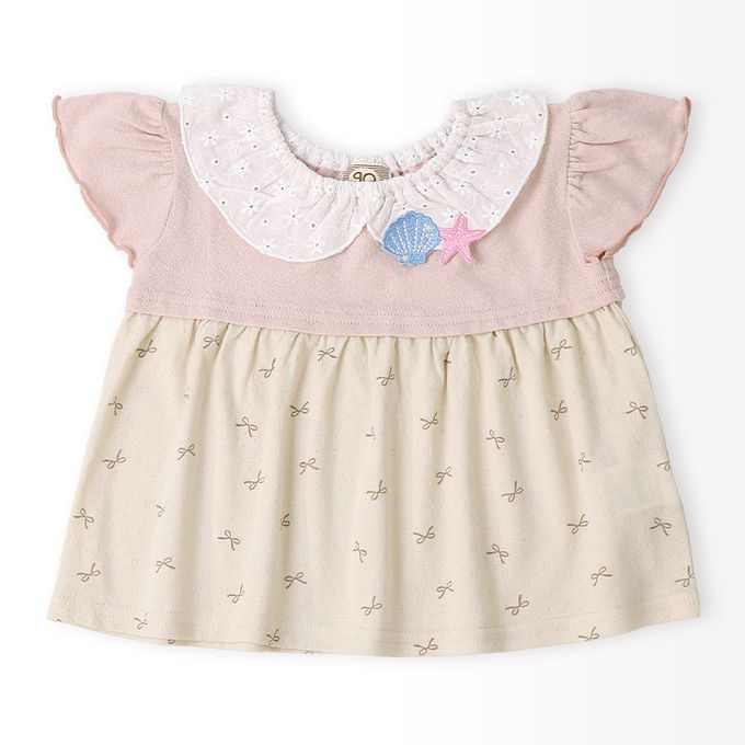 日本 ZOOLAND - 貝殼蕾絲領緹花短袖上衣-蝴蝶結印花-粉紅