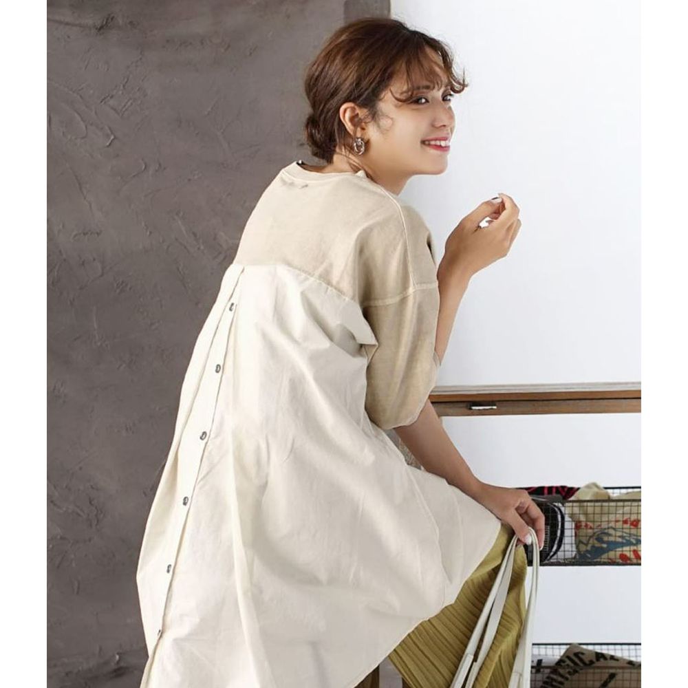 日本 zootie - 純棉異材質排釦後打褶設計寬鬆薄五分袖上衣-米