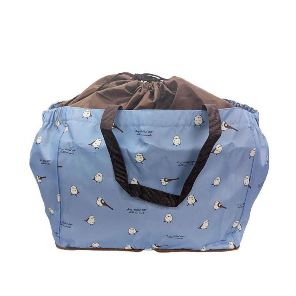 超大容量保溫保冷購物袋(可折疊收納)-長尾山雀-藍 (約29x52x24cm)
