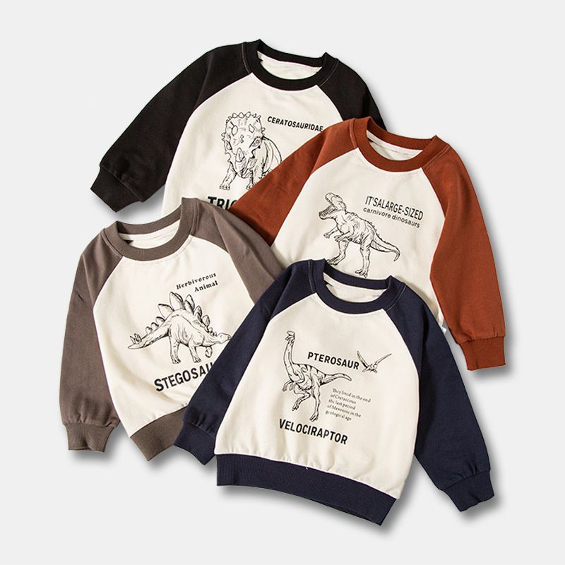 純棉圓領短版長袖上衣/大學T-暴龍-咖啡+杏