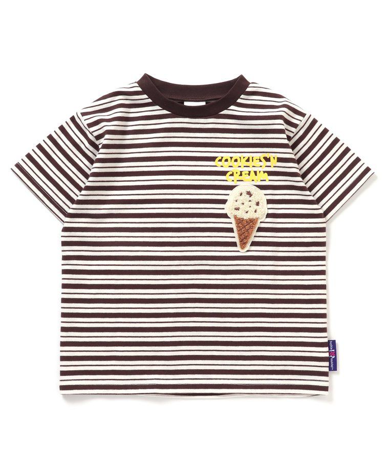 日本 BREEZE - 31冰淇淋聯名 條紋短袖上衣-甜筒刺繡-黑白