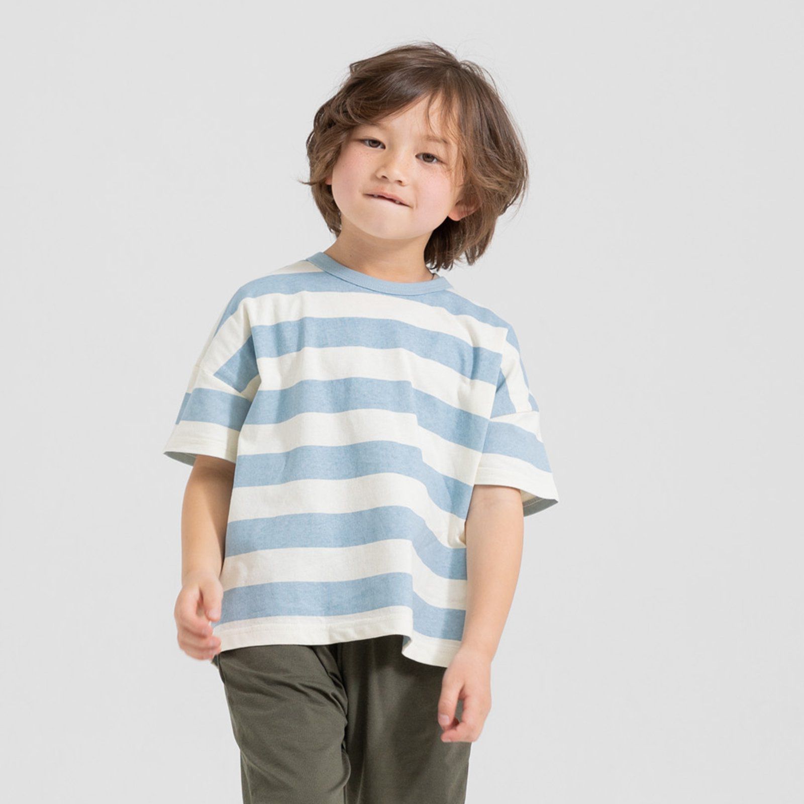 日本 Chil2 - 100%棉 百搭條紋短袖上衣-水藍x白