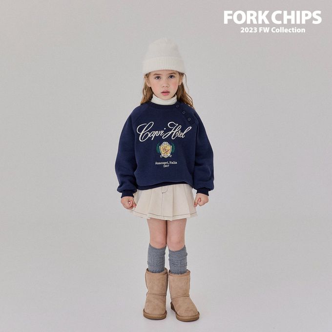 韓國 FORK CHIPS - (內磨毛)刺繡點綴圓領大學T-深藍