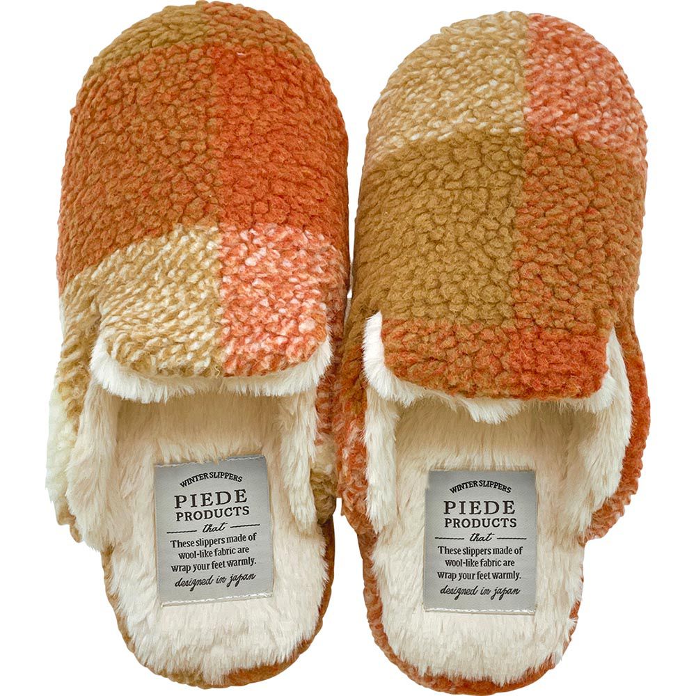 日本 DAIKAI - 療癒柔軟保暖室內拖鞋-經典格紋-橘x咖啡 (M(22.5-24cm))