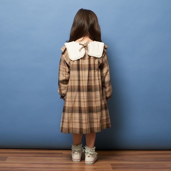 日本 Lycee mine - 法蘭絨浪漫細節長袖洋裝-卡其格紋