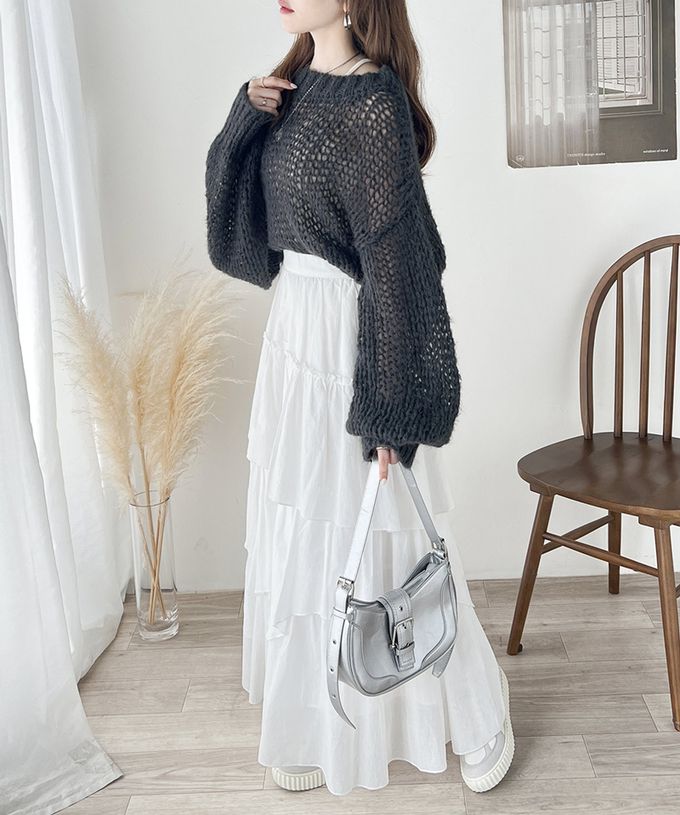 日本 Classical Elf - 甜美船領針織洞洞大寬袖毛衣-湖水綠