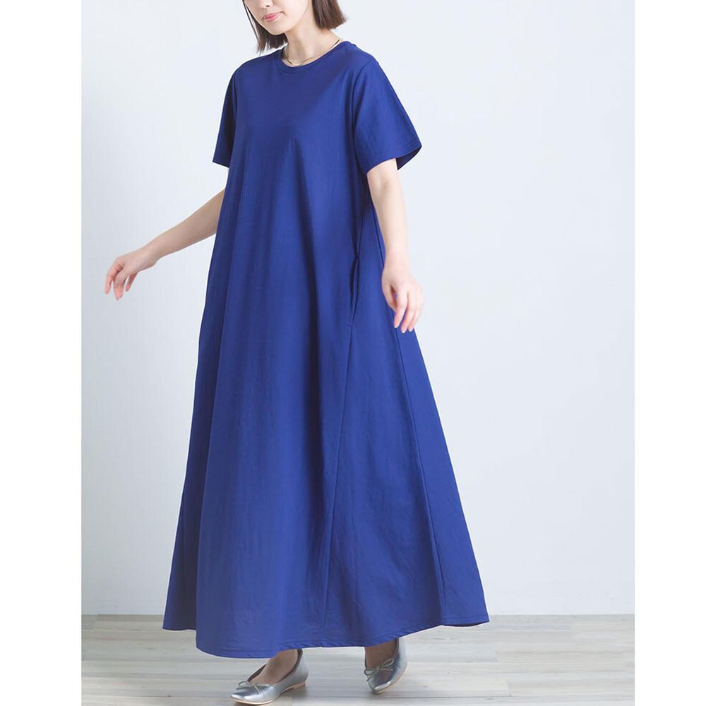 日本 OMNES - 接觸涼感 嫘縈圓領短袖洋裝-寶石藍