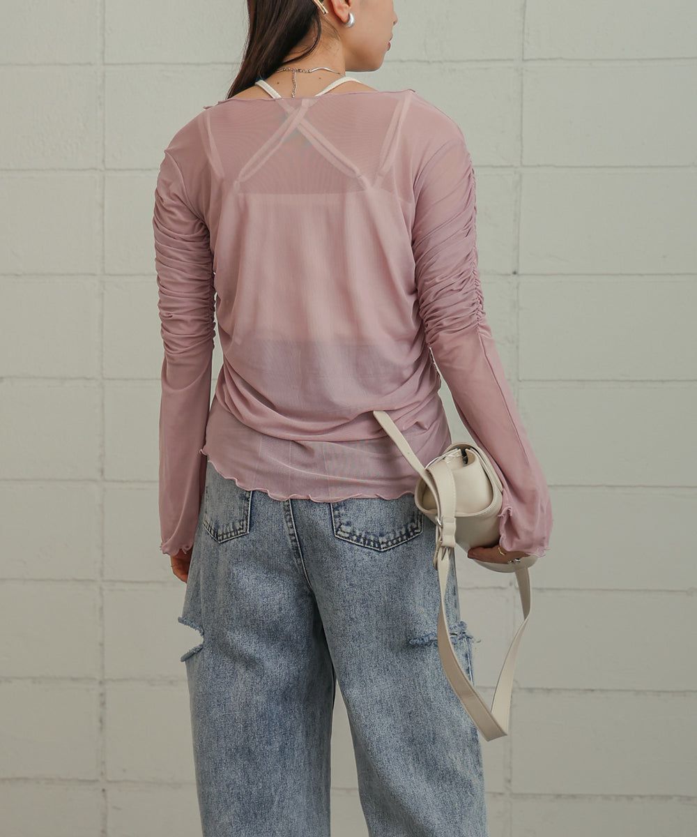 日本 Bab - 時尚透感抓皺長袖內搭/上衣-深可可