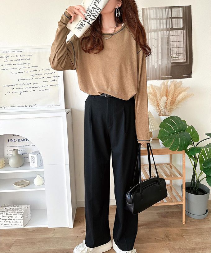 日本 Classical Elf - 透膚感配色線條薄長袖上衣-膚