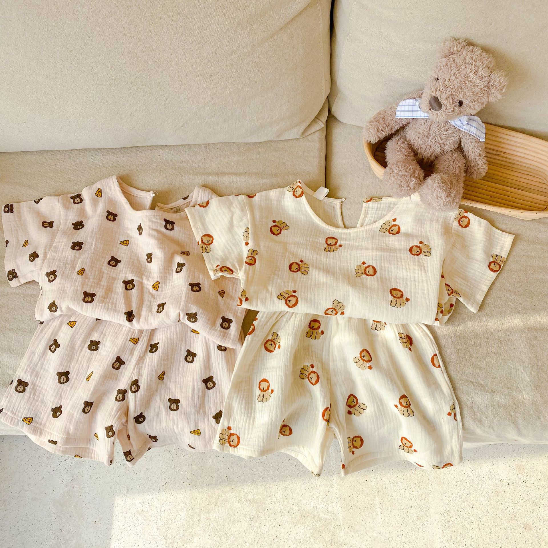 紗布棉短袖家居服套裝-小碎花-奶油色