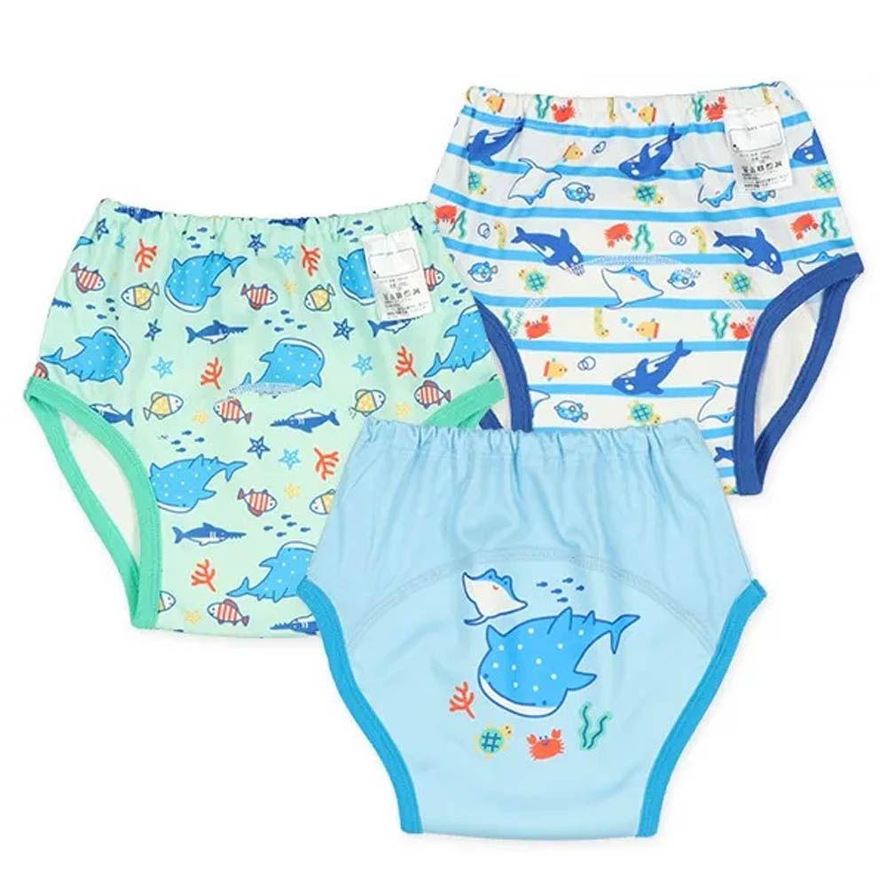 三層密縫式學習褲3件組-海洋鯨鯊-水藍