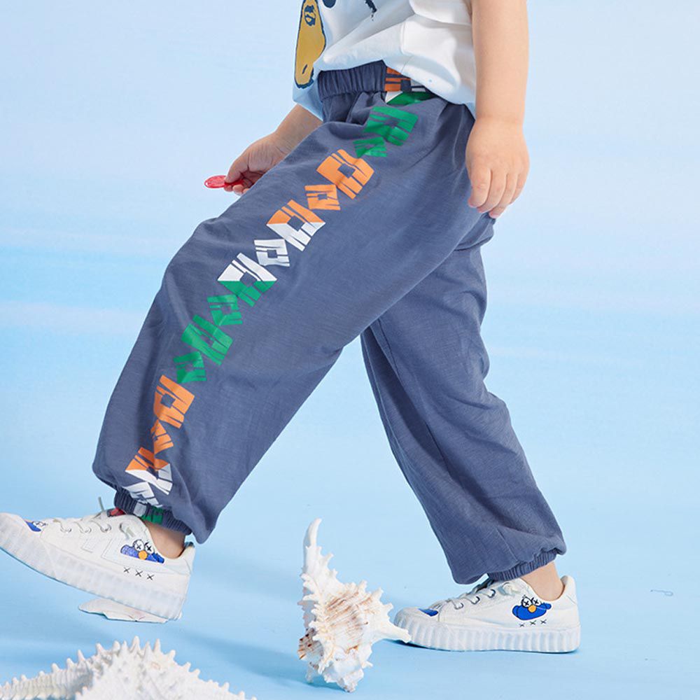 竹節棉束口長褲/防蚊褲-方形幾何-灰藍色-專屬團購