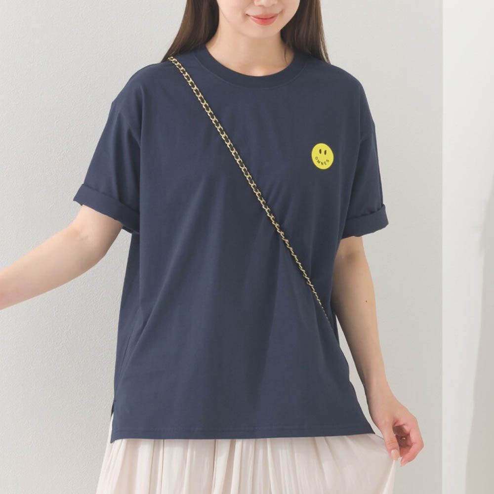 純棉印花休閒短袖上衣-笑臉logo-深藍 (M)