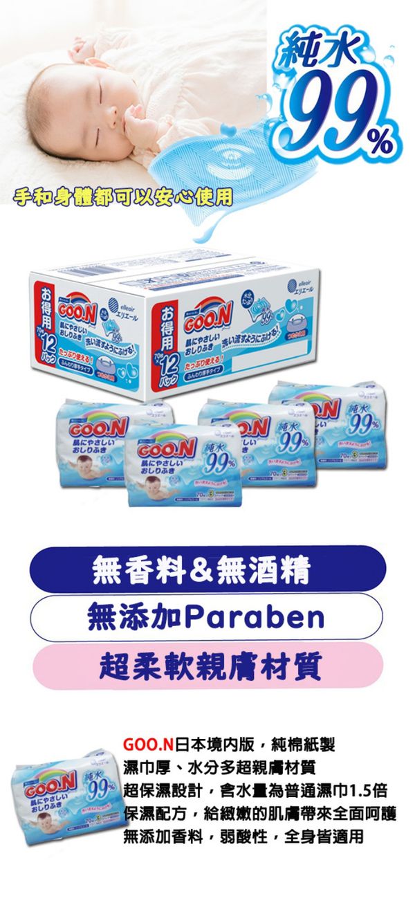日本大王GOO.N - 日本境內版嬰兒護膚柔濕巾箱購組 70抽x12包入 (185x130mm)-70抽x12包入