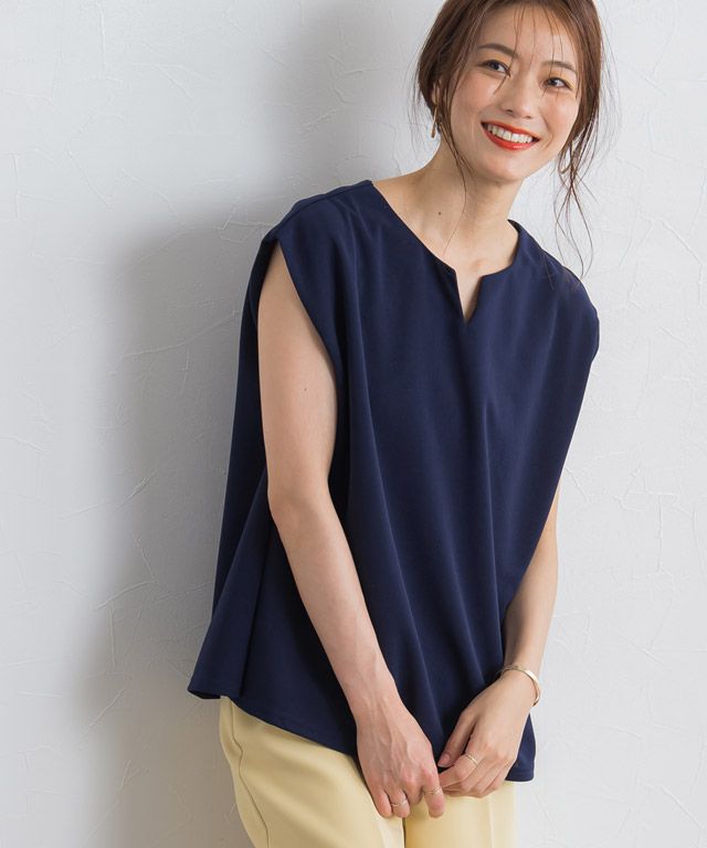 日本 Pierrot - 接觸涼感 小V領雪紡無袖上衣-橘