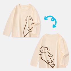 BE TOP - 純棉圓領薄長袖上衣-貓咪玩耍-米杏