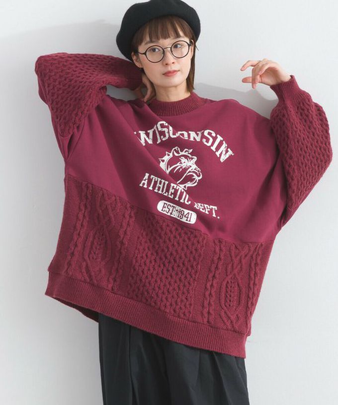 日本 Lupilien - 鬥牛犬印花粗針織拼接裏毛長袖上衣-海軍藍