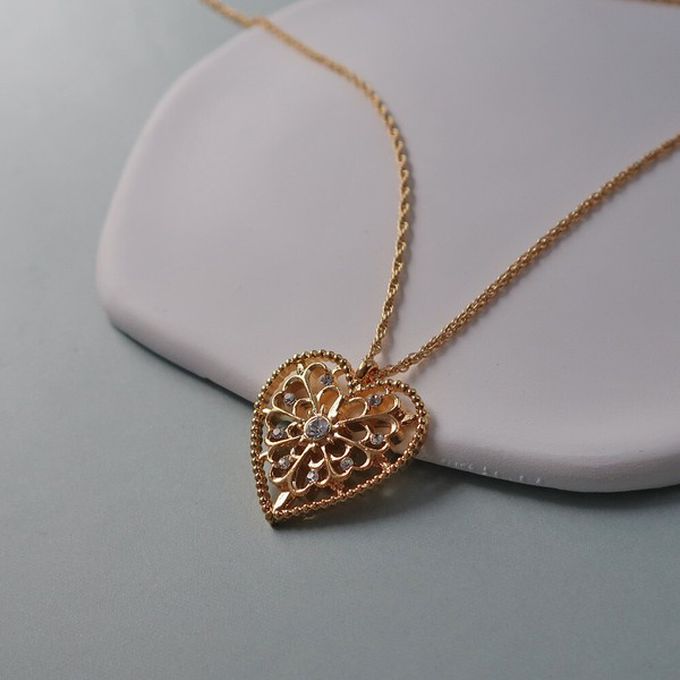 日本 Melody Accessory - 日本製 古典鏤空心形寶石長項鍊-金