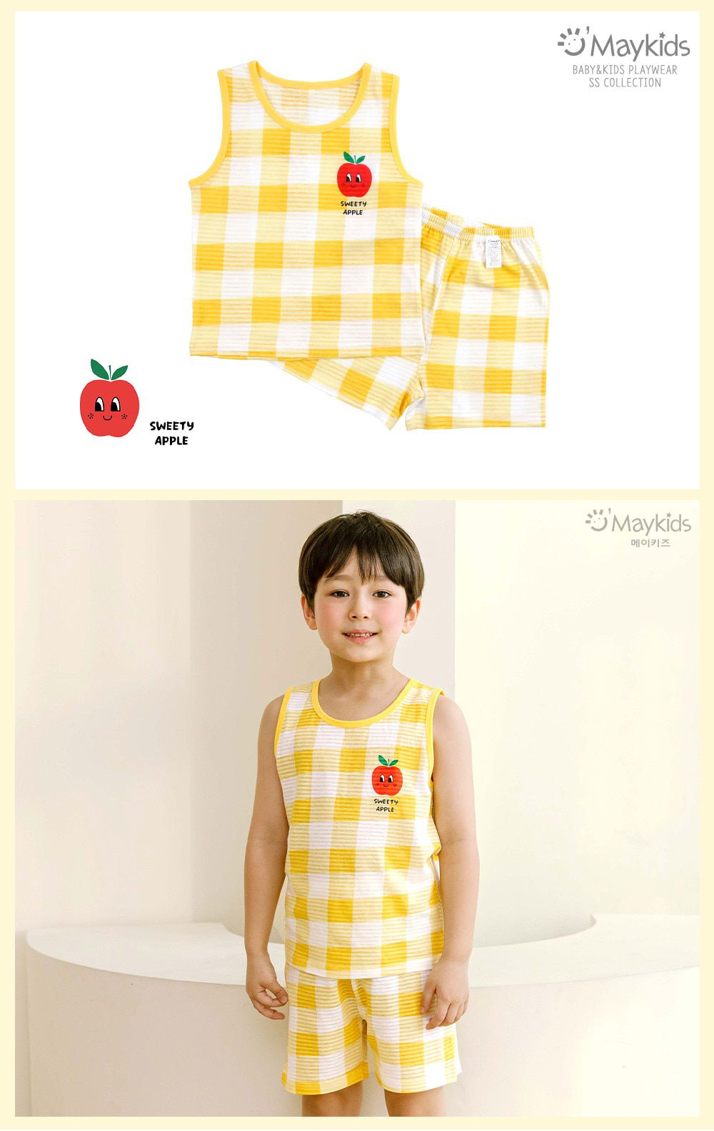 韓國 Maykids - 有機棉透氣輕薄無袖家居服-格子紅蘋果