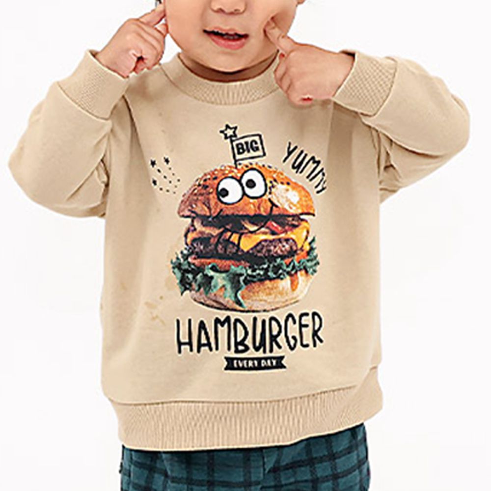 裏起毛俏皮印花長袖上衣-B漢堡-淺卡其