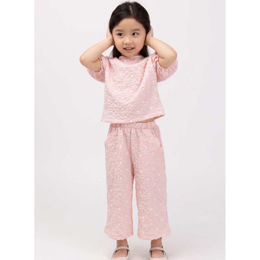 韓國 Coco Bang - (兩件式)皺褶感泡泡袖長褲套裝-粉紅