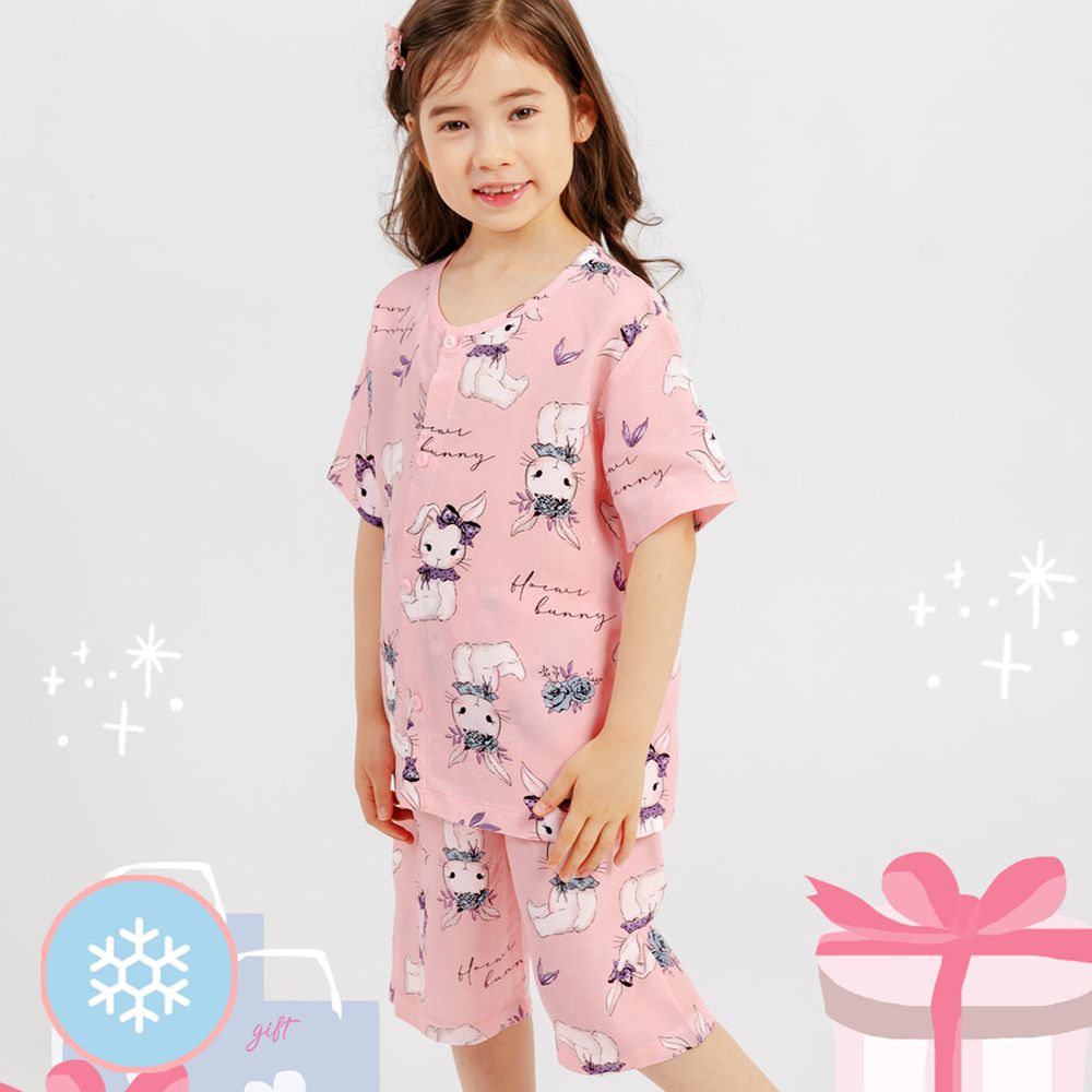 韓國 Mellisse - 韓製涼感嫘縈短袖睡衣／家居服-粉紅兔兔