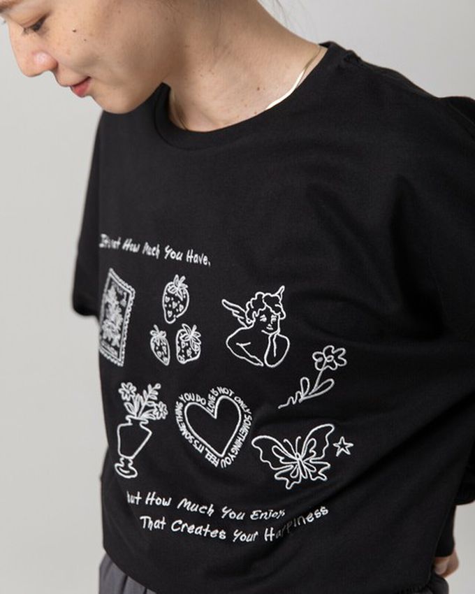 日本 gleam - 甜蜜刺繡印花休閒寬版長袖T恤-黑