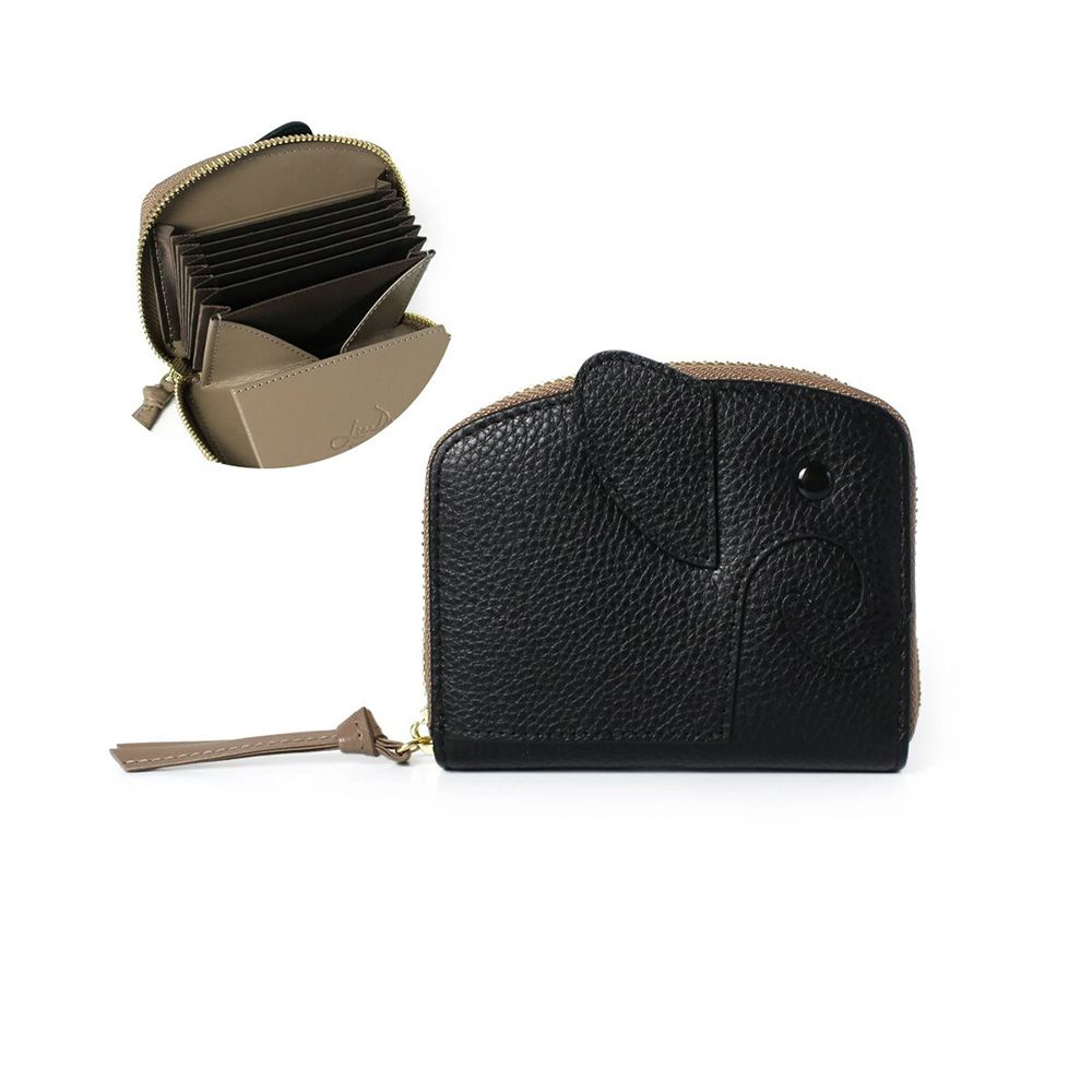 童趣大象輕巧真皮風琴式短夾-(防盜功能)-黑x卡其