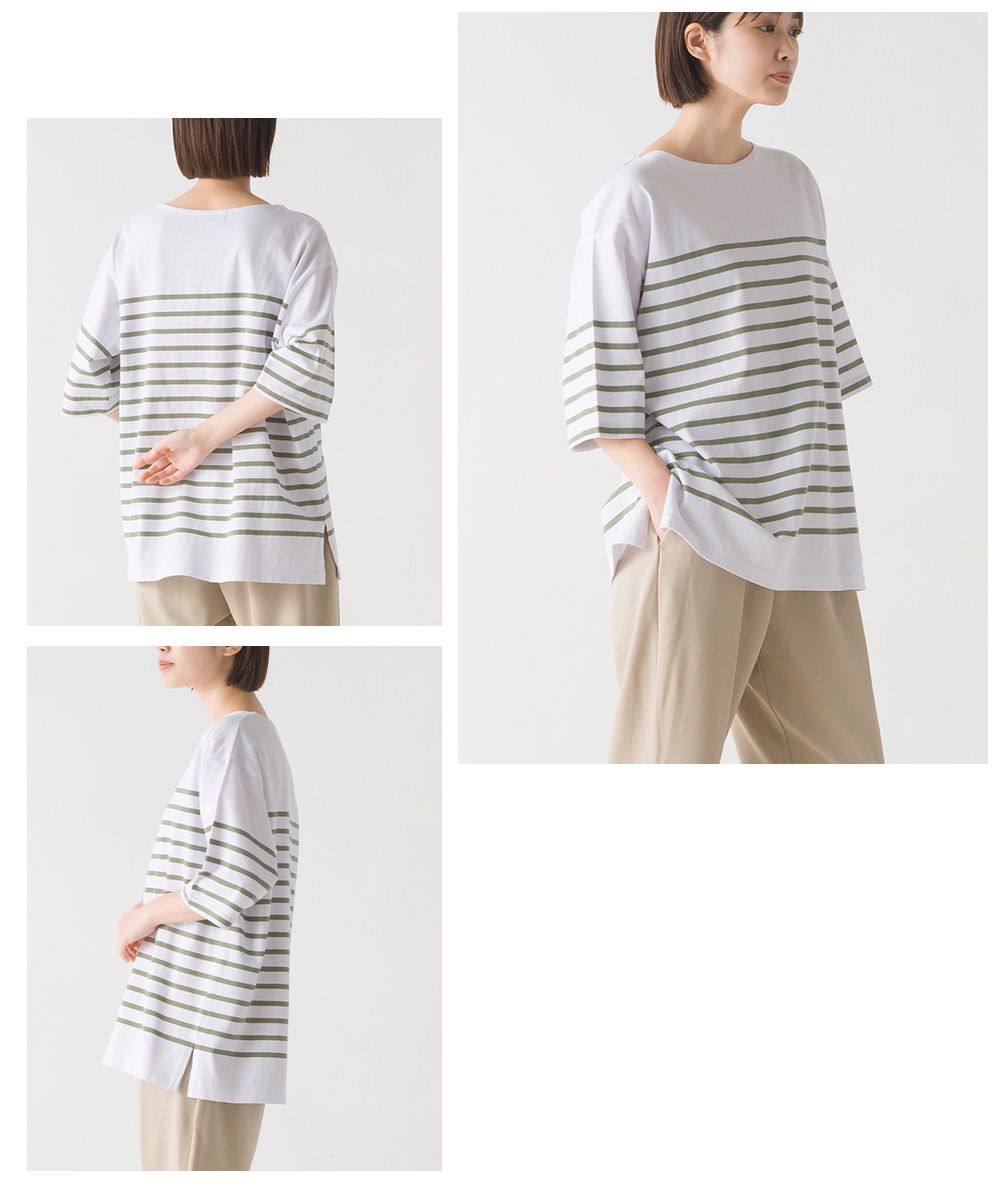 日本 OMNES - 100%棉 圓領條紋五分袖上衣-白x黑