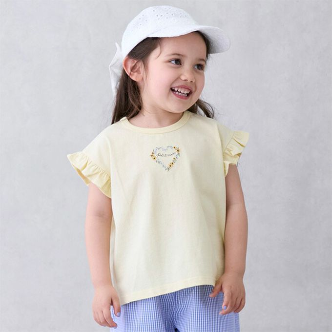 日本 petit main - 可愛荷葉袖短袖上衣-愛心-淺黃