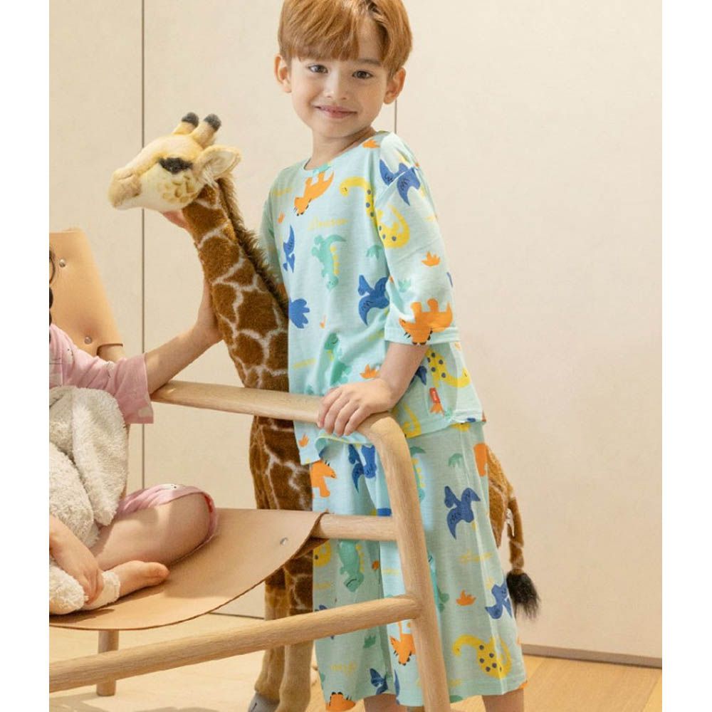 輕透涼感嫘縈七分袖家居服-塗鴉恐龍-湖水綠