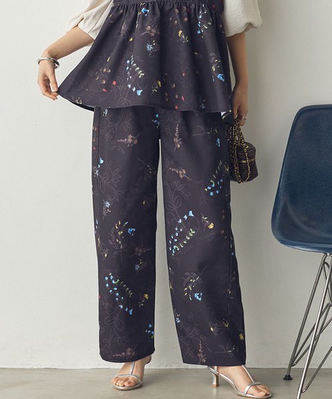 日本 Sans Souci 34+ - 優美花卉鬆緊舒適寬褲-海軍藍