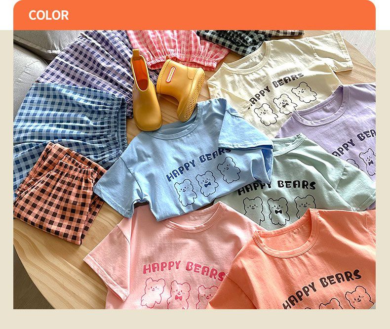 萊卡薄款短袖寬褲家居服套裝/空調服-熊熊+格子褲-奶油白