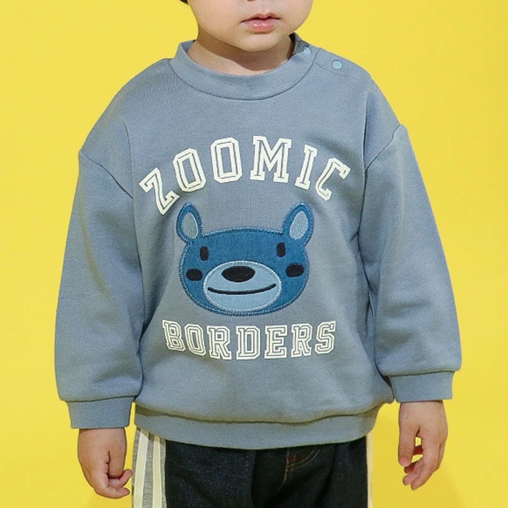 丹寧風小熊裏毛長袖上衣-縫線小熊臉-藍