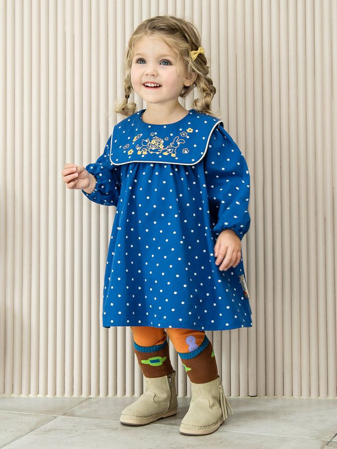 韓國 Pimpollo - 滿版圓點方形翻領連身洋裝-寶藍