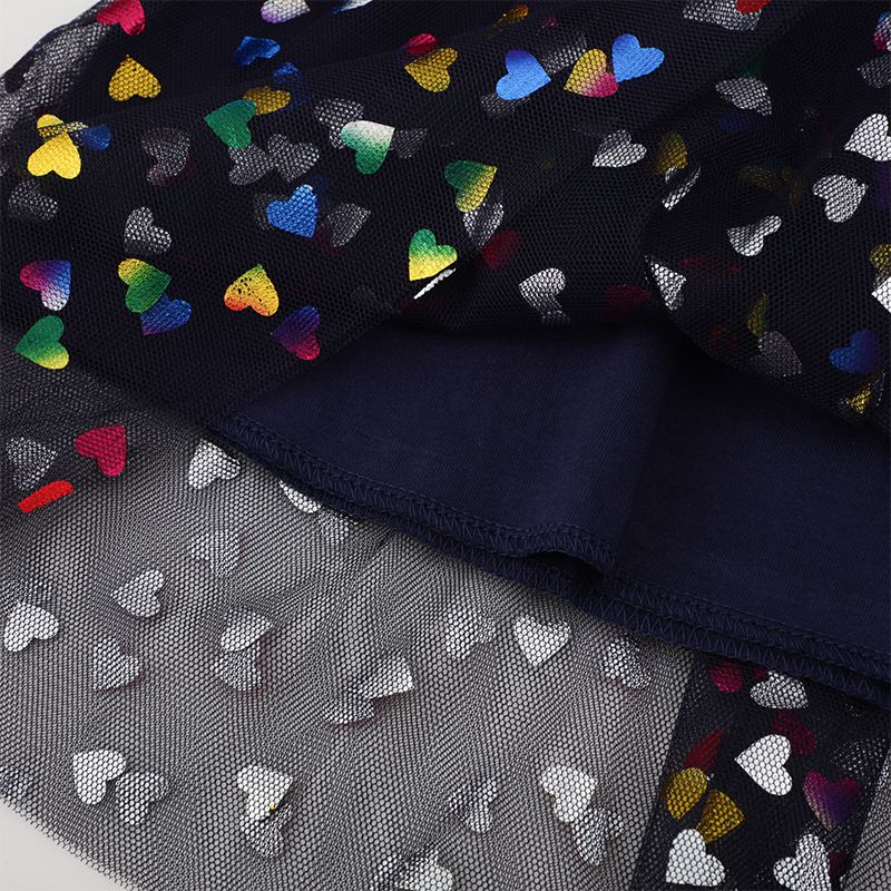 Jumping meters - 棉質圓領長袖連身網紗洋裝-獨角獸與繽紛愛心-深藍色