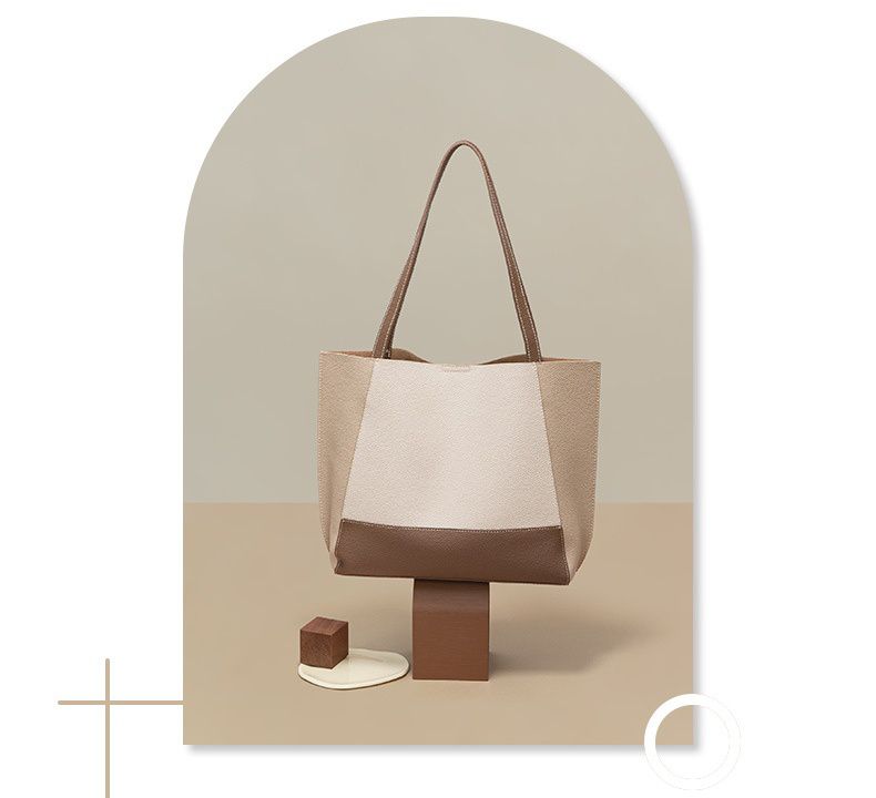 真皮簡約大容量拼色托特包-米白色 (40x10x29cm)