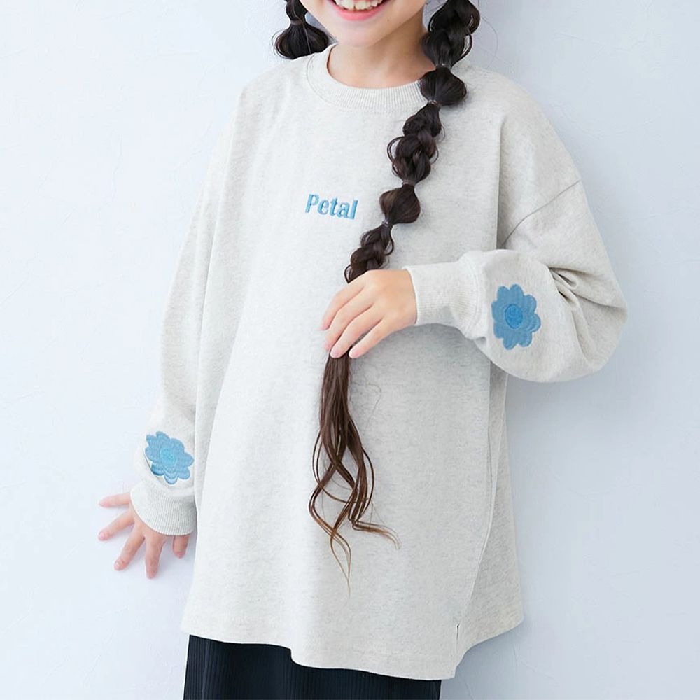 100%棉 甜美手腕刺繡長袖上衣-小花-燕麥白