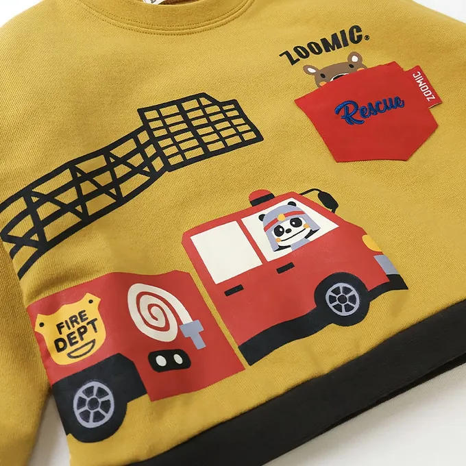 日本 ZOOLAND - 熊熊救援隊 消防車印花長袖上衣-淺灰
