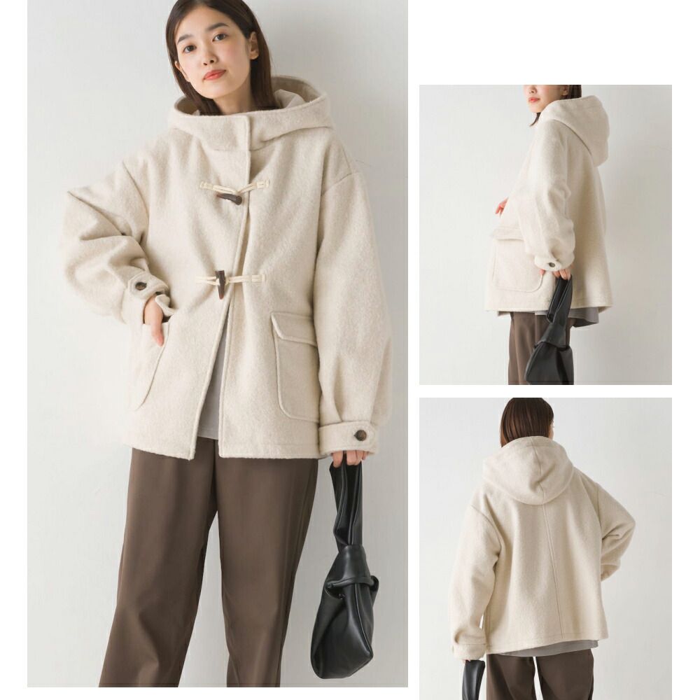 日本 OMNES - 文藝感牛角扣短版連帽大衣-米杏