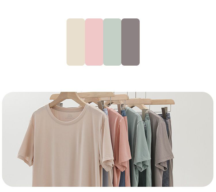 莫代爾圓領短袖家居服套裝-粉+藍