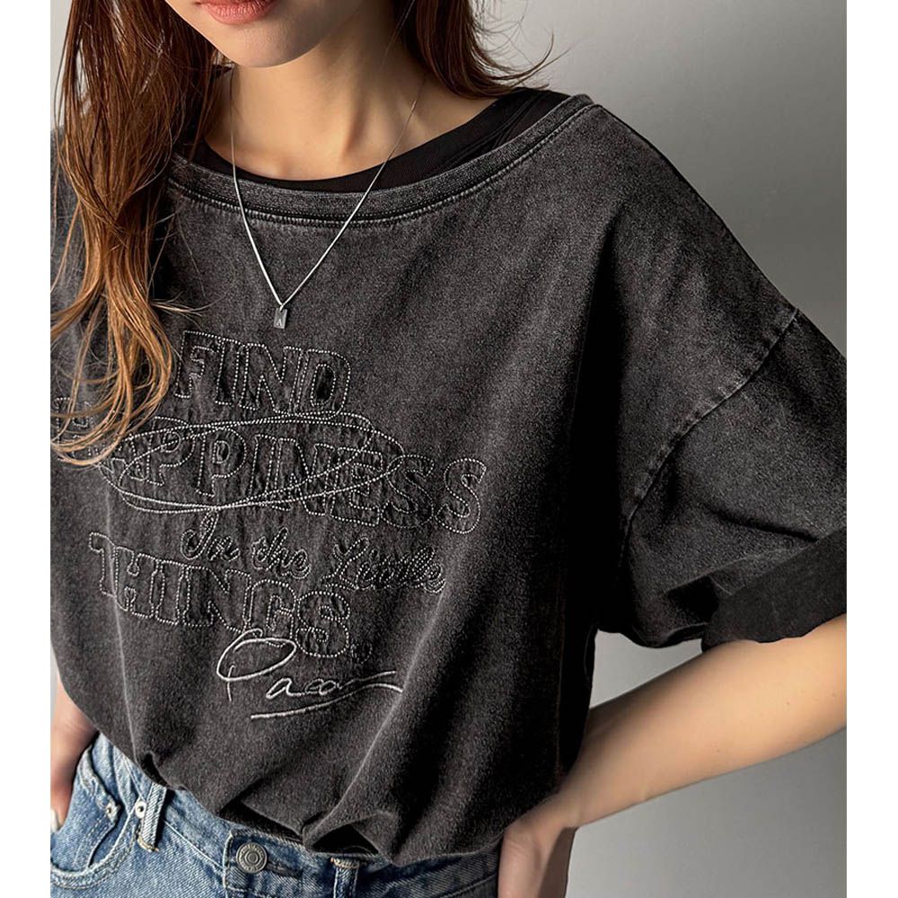 純棉復古logo船領前後穿短袖上衣-炭灰