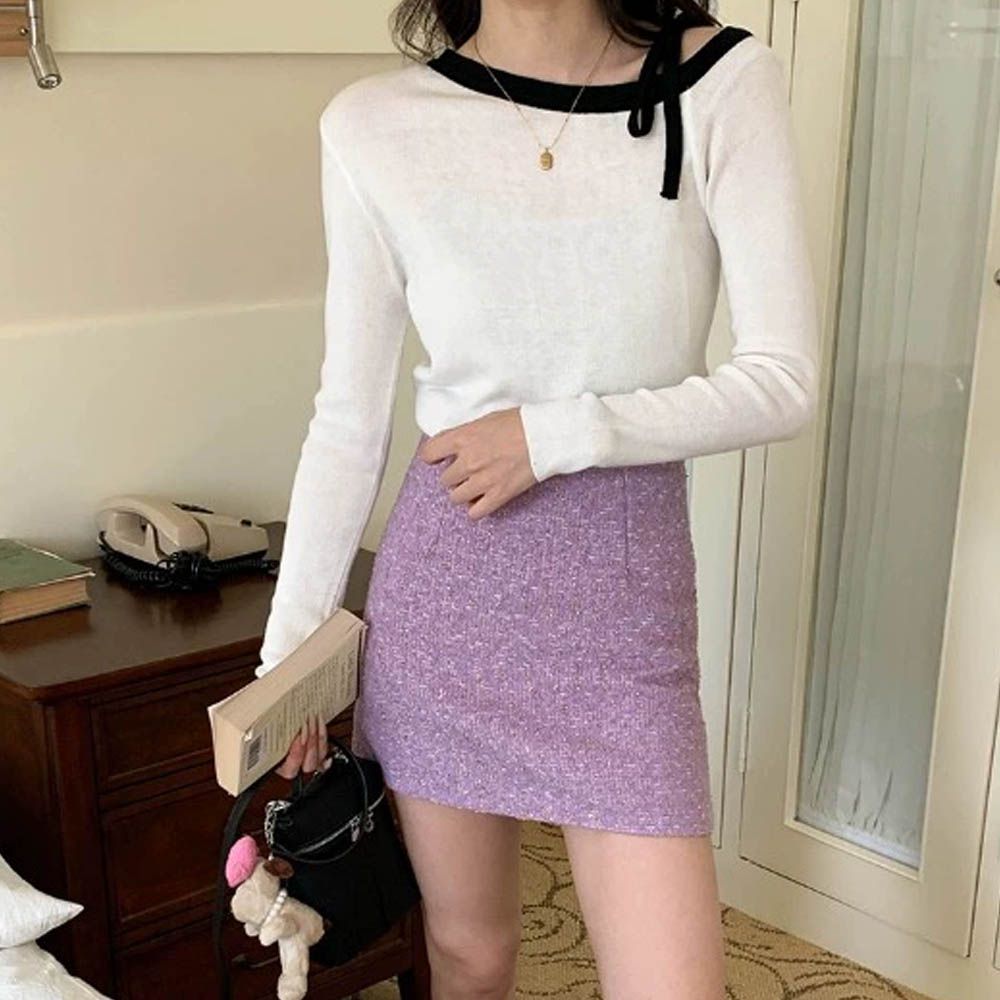 設計感綁帶斜肩撞色長袖針織上衣-白色 (F)