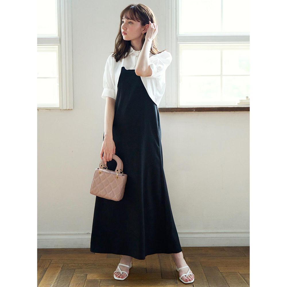 日本 GRL - 超短版翻領外罩X吊帶傘裙套裝-黑x白