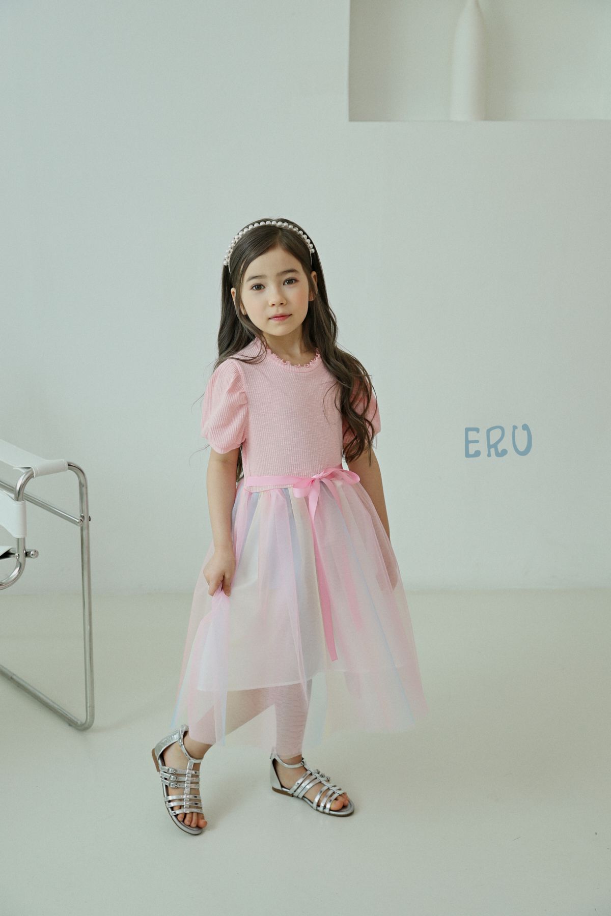 韓國 ERU - 夢幻彩虹漸層網紗洋裝-粉紅