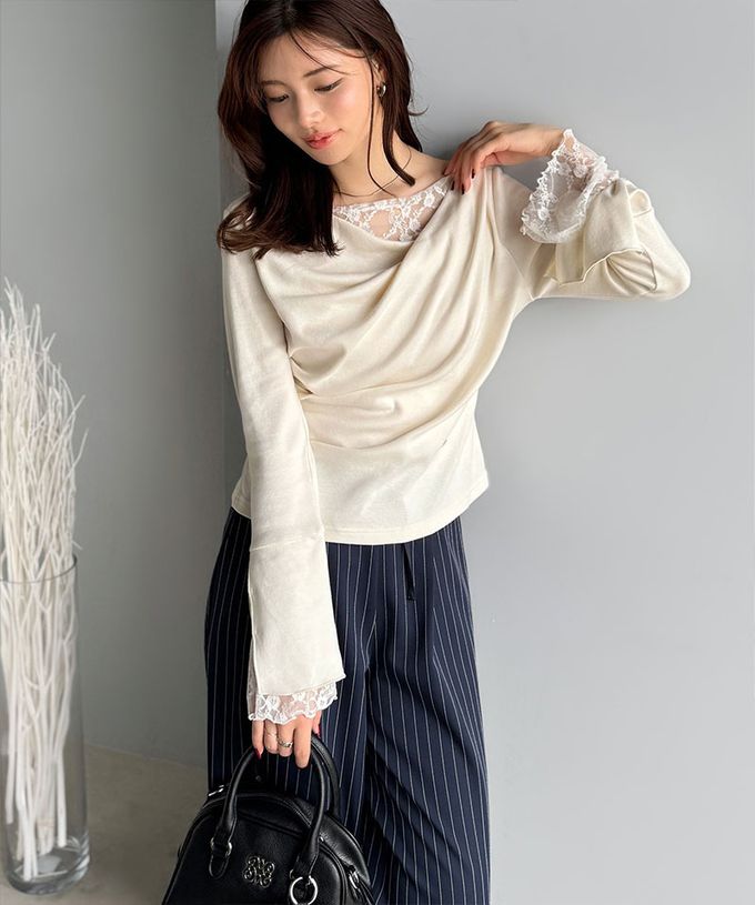 日本 Classical Elf - 蕾絲皺摺美型喇叭袖上衣-淺灰