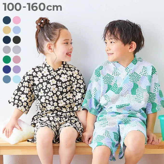 日本 devirock - 夏日風情涼爽紋理甚平套裝-小碎花-淺藍