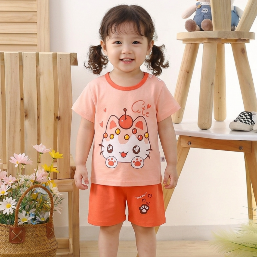 純棉透氣短袖短褲家居服套裝-蘋果貓咪