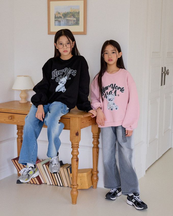 韓國 sm2 - (內磨毛)銀色小熊印長袖大學T-黑