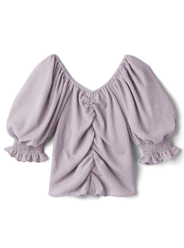 日本 GRL - V領抓皺澎澎短袖抽繩上衣-罌粟粉